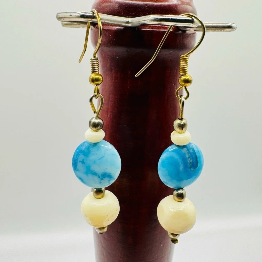 Blue & Cream Agate Stone Dangle Earrings | Natural Beaded Drop Boho Style